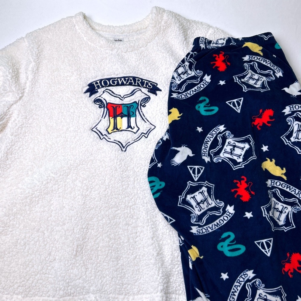 Harry Potter Girls XL 16-18 Winter White Sherpa Hogwarts Pajama Set Navy Blue
